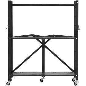 3-Tier Foldable Storage Shelf, 30W x 13D x 36H Inch Folding Metal Rack Shelving Unit, No Assembly Organizer Shelf with 5 Wheels & 4 Hooks for Pan