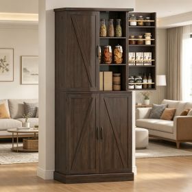 72" Tall Distressed Brown Kitchen Pantry Cabinet Farmhouse Storage with 8 Door Racks And Adjustable Shelves for Kitchen Organization