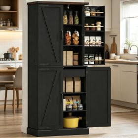Black 72" Tall Kitchen Pantry Cabinet Farmhouse Storage with 8 Door Racks And Adjustable Shelves for Kitchen Organization